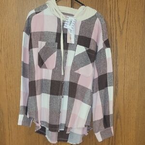 Plaid Hooded Women's Top - Pink and Brown